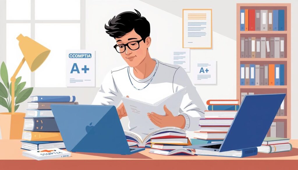 Image of a person preparing for CompTIA A+ certification with study materials and a computer.