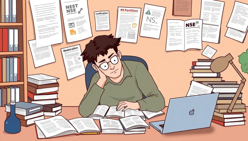 Image of a person preparing for Fortinet NSE certification with study materials and a computer.