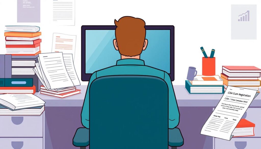 Image of a person sitting in front of a computer, with a calm and focused expression, surrounded by study materials and a CISA exam registration confirmation.