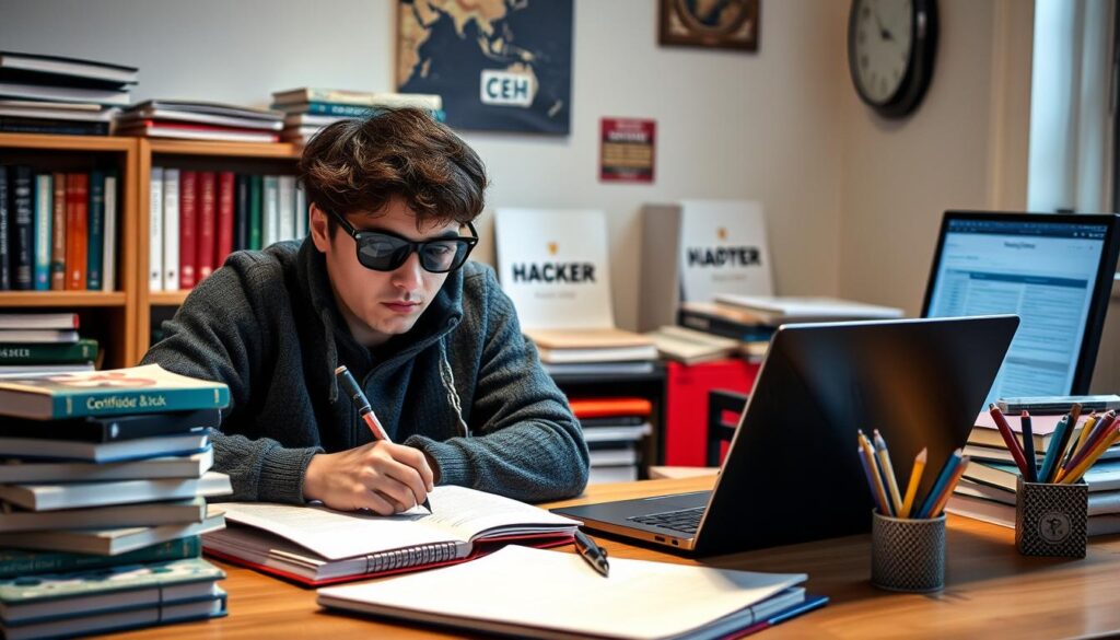 Image of a person studying for CEH with EC-Council materials