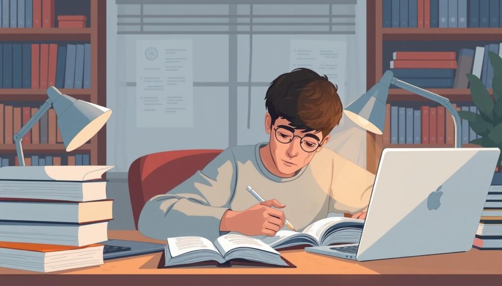 Image of a person studying with books and a laptop