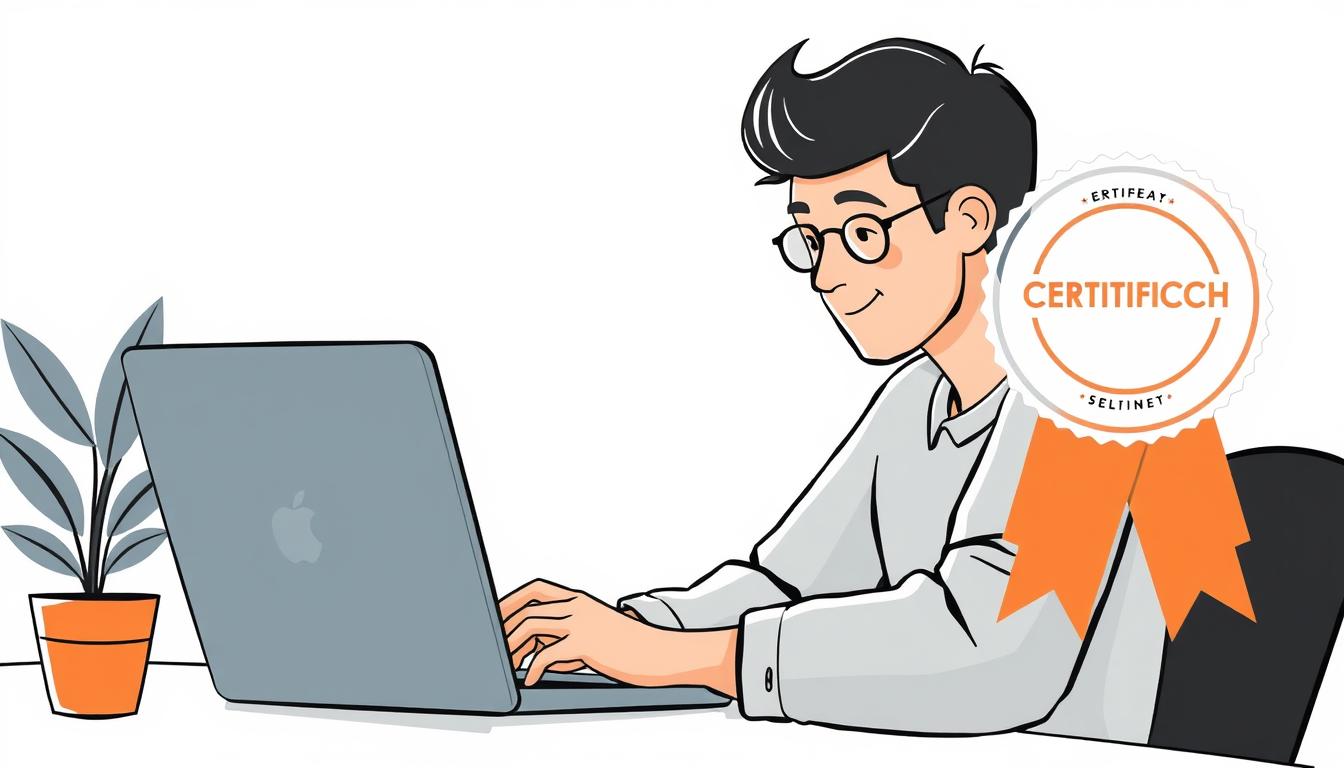 Image of a person working on a computer with a certification badge