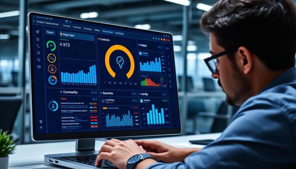 Image of a person working on a laptop with a cyber security dashboard on the screen