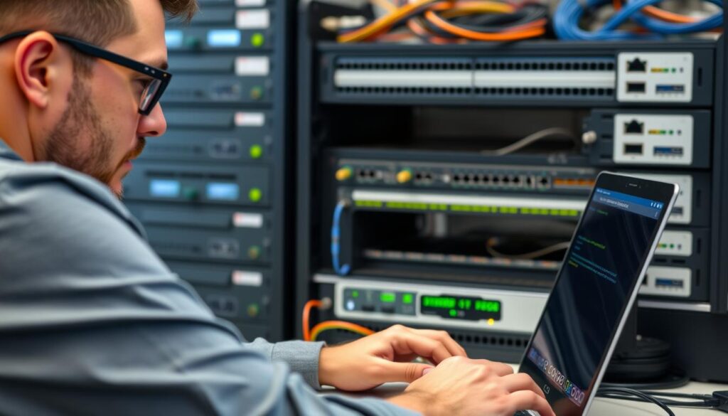 Image of a person working on a network configuration on a laptop with Cisco equipment in the background.