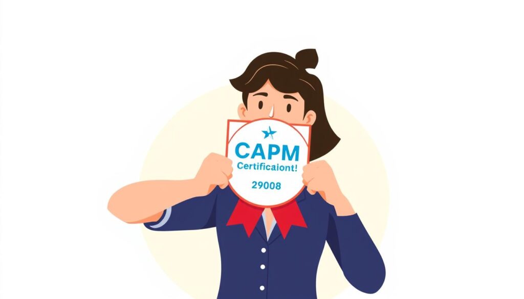 Image of a professional holding a CAPM certification badge