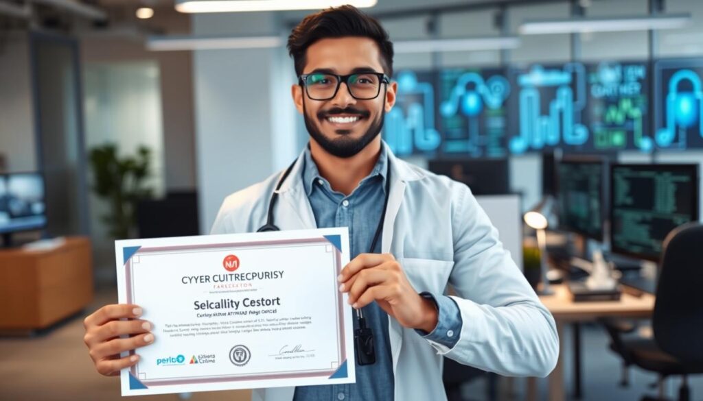 Image of a professional holding a certificate in cybersecurity