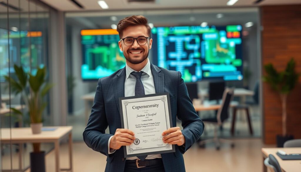 Image of a professional holding a certificate in cybersecurity