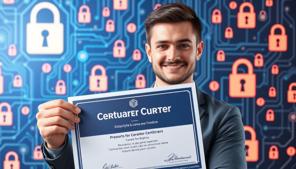 Image of a professional holding a certificate with a cybersecurity background