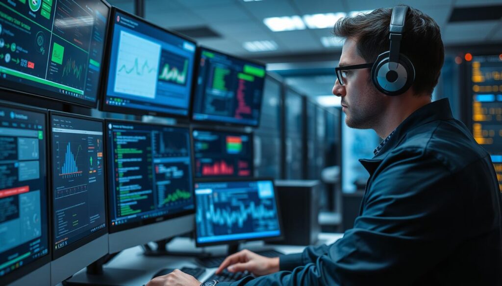 Image of a professional in a data center with multiple screens displaying security alerts