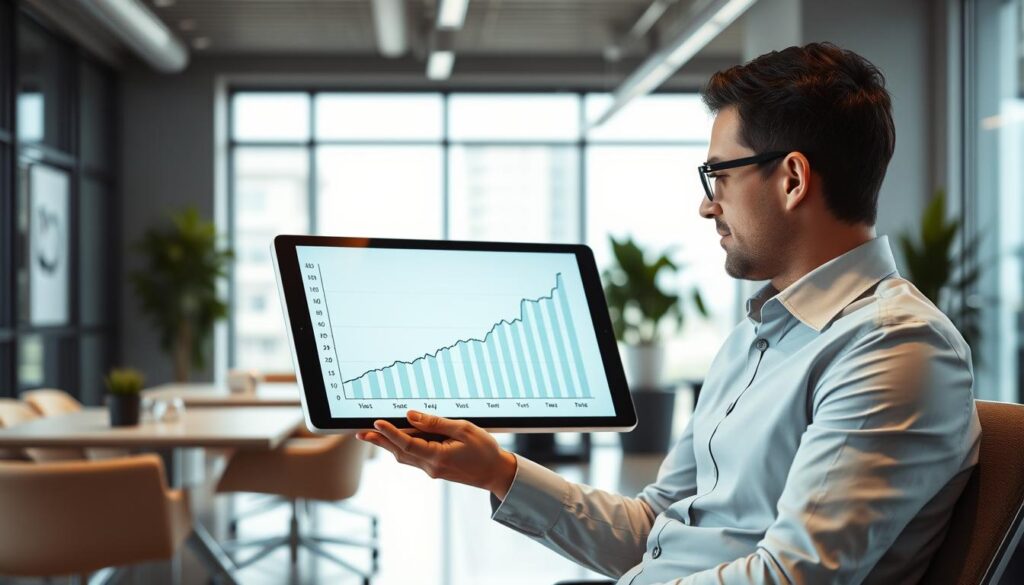 Image of a professional in a modern office setting with a graph showing salary growth
