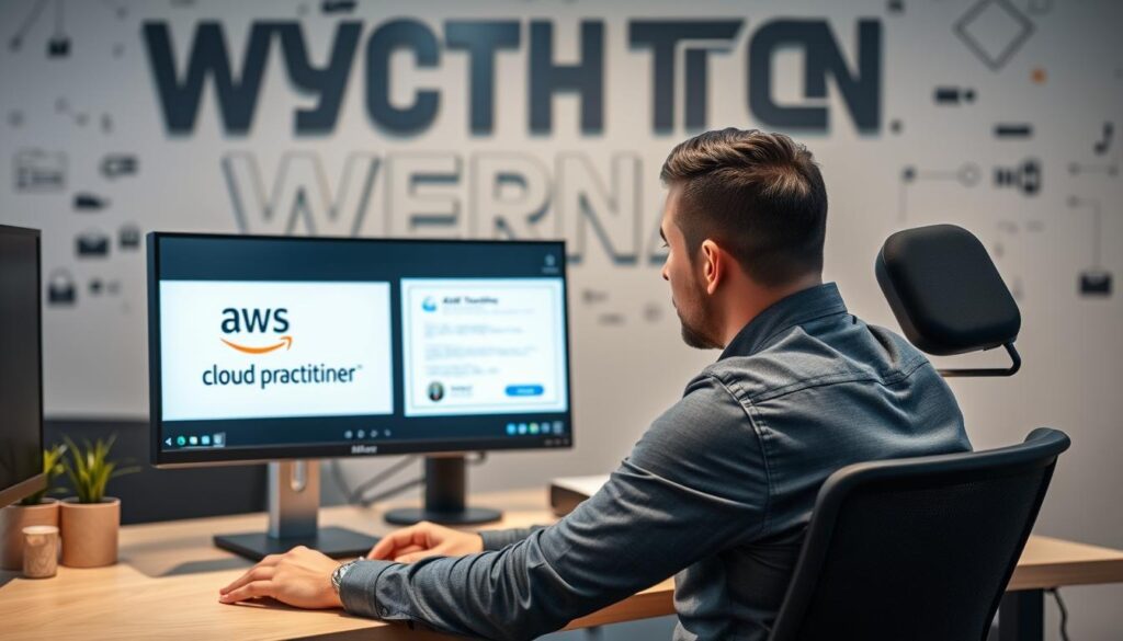 Image of a professional in front of a computer with an AWS Cloud Practitioner certification on the screen