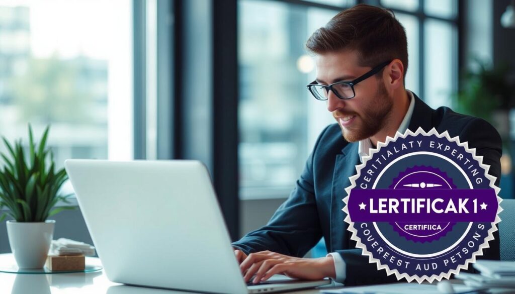 Image of a professional working on a laptop with a certification badge overlay