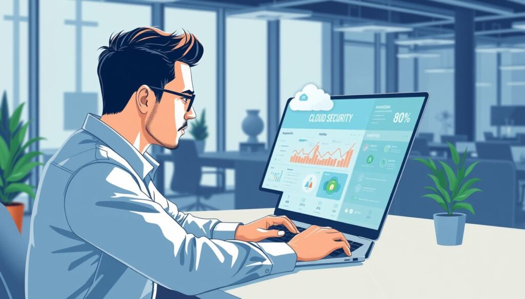 Image of a professional working on a laptop with a cloud security dashboard on the screen