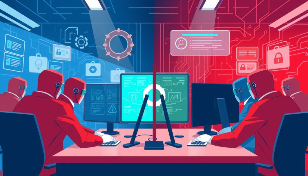 Image of a red team versus blue team exercise in a cybersecurity training environment
