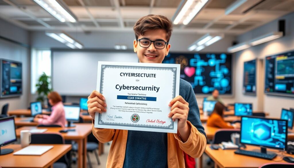 Image of a student holding a certificate in cybersecurity